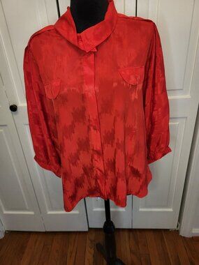 Jai Dalas Vintage 80s Red Jacquard Fold Over Neck  Blouse 12 Retro Office Work